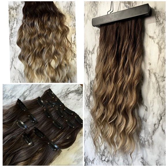 24 In two tone dark roots blonde balayage Clip in Hair Extensions Set in  Curly - Picture 1 of 8